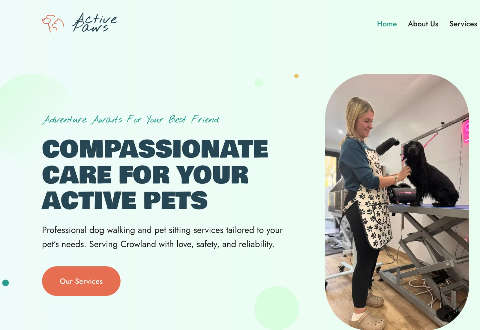 The Active Paws homepage on a desktop browser: the headline “Compassionate Care For Your Active Pets” on a pale green ground, beside a photograph of a dog being groomed.
