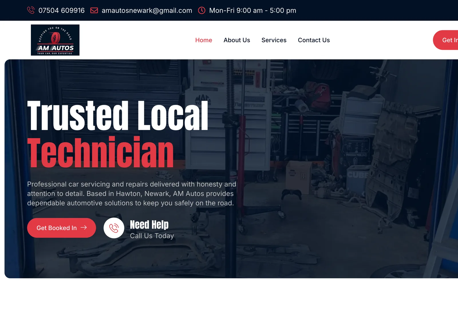 The AM Autos Newark homepage on a desktop browser: the headline “Trusted Local Technician” over a photograph of a workshop, with a line describing car servicing and repairs in Hawton, Newark.