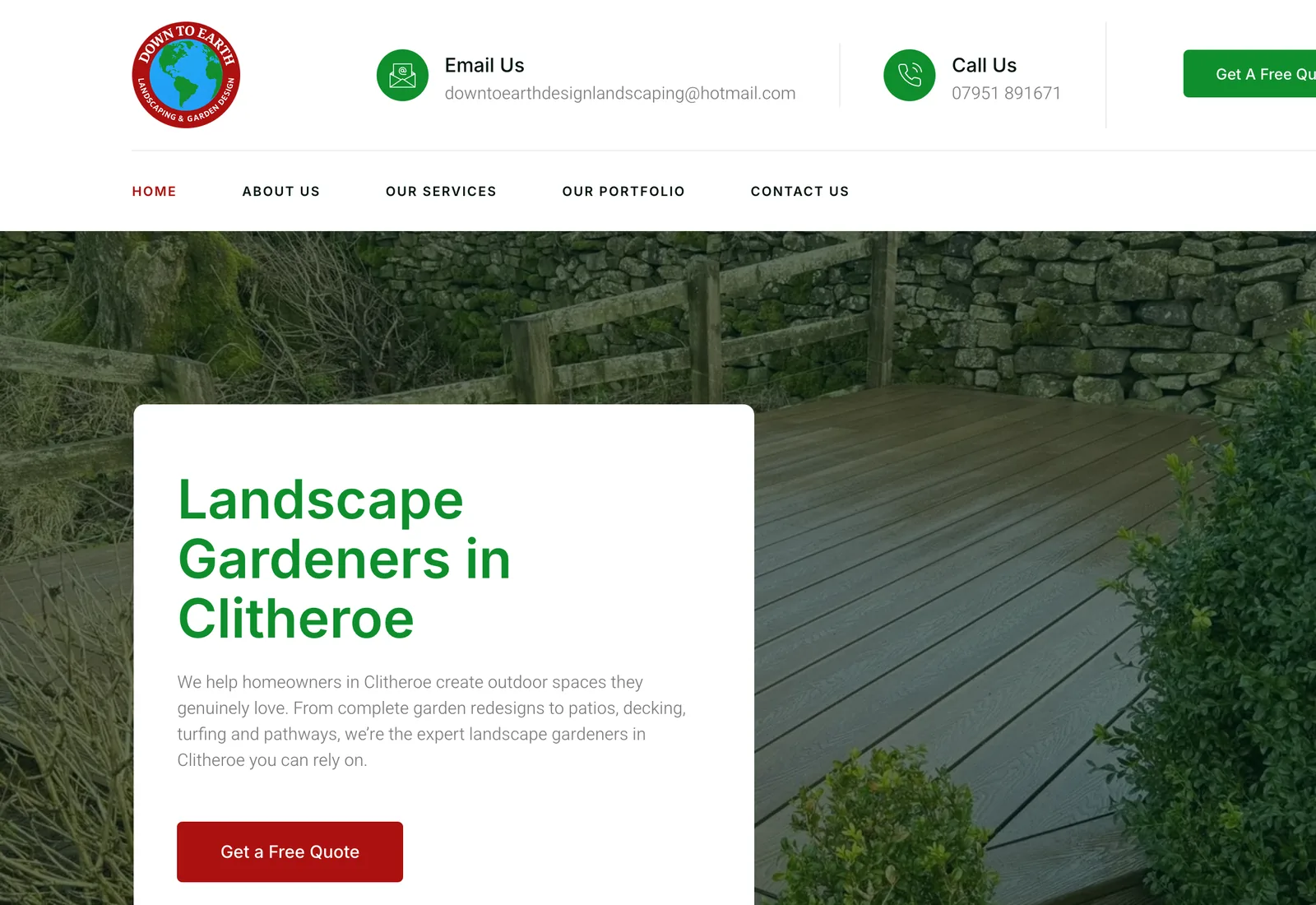 The DTE Landscaping homepage on a desktop browser: a white card carrying the headline “Landscape Gardeners in Clitheroe” and a “Get a Free Quote” button, over a photograph of a lawn and decking.
