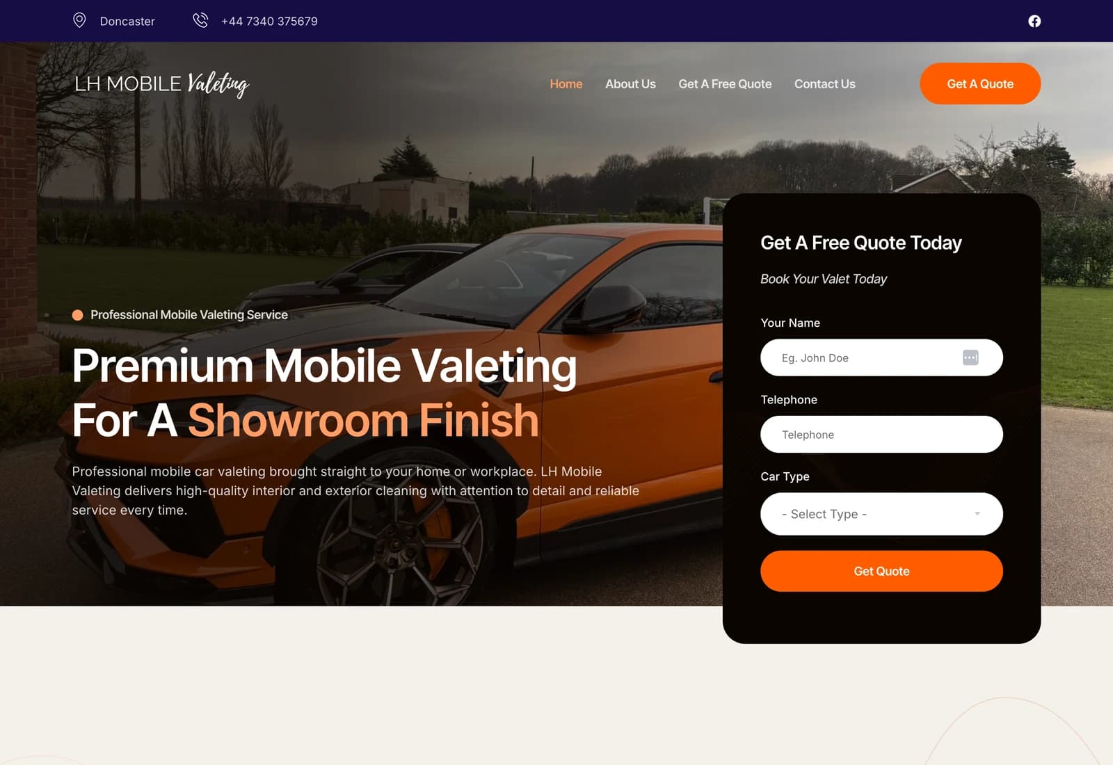 The LH Mobile Valeting homepage on a desktop browser: a photograph of a valeted car behind the headline “Premium Mobile Valeting For A Showroom Finish”, with a quote form alongside it.