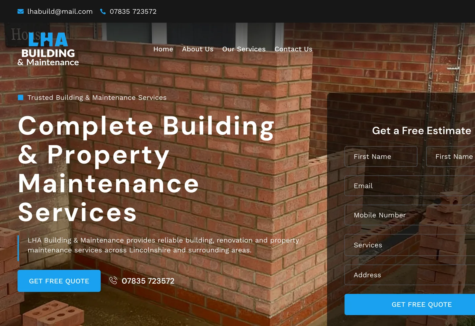 The LHA Building and Maintenance homepage on a desktop browser: the headline “Complete Building & Property Maintenance Services” over a photograph of new brickwork, with a free-estimate form alongside it.