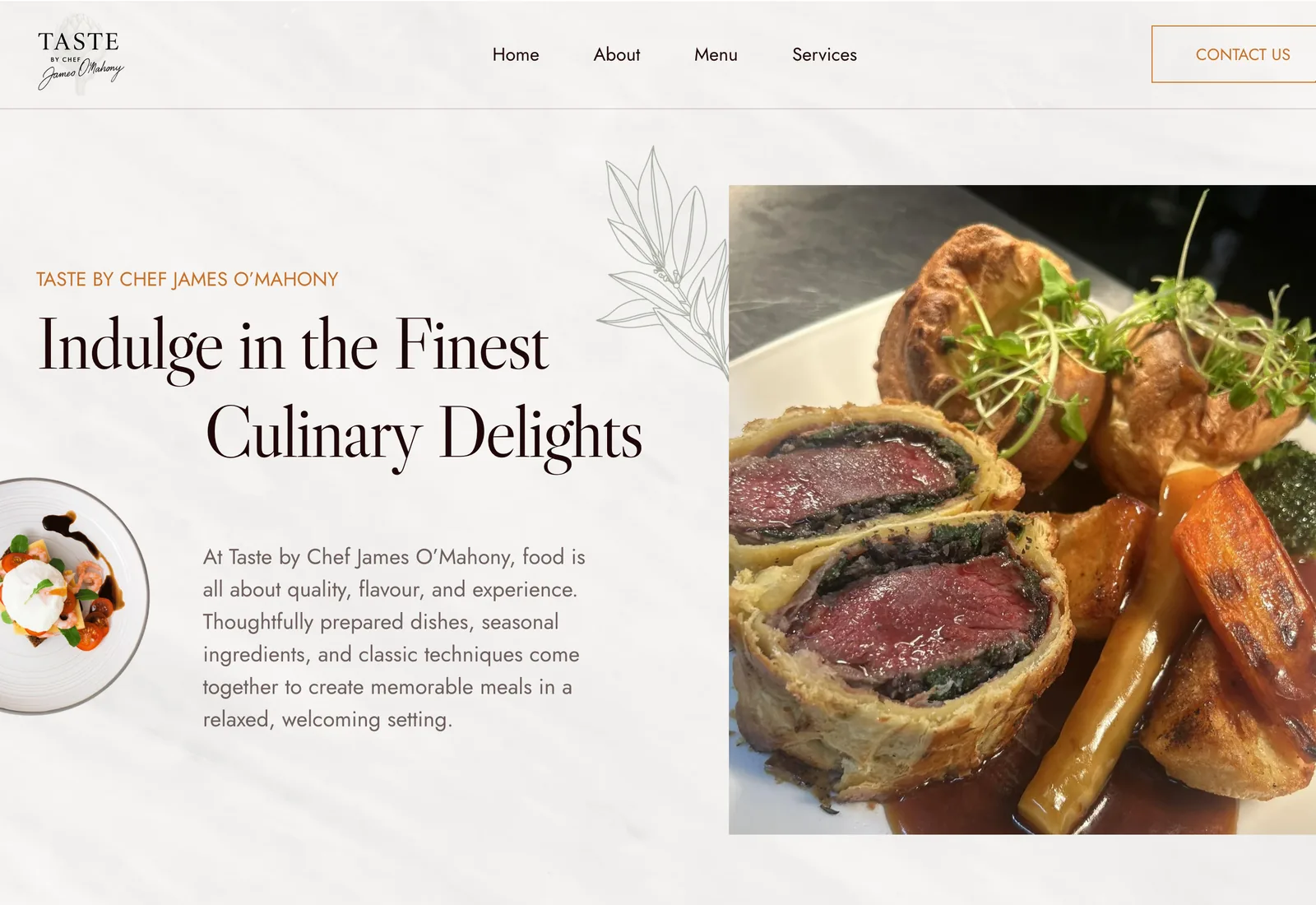 The Taste by Chef James O’Mahony homepage on a desktop browser: the headline “Indulge in the Finest Culinary Delights” beside a photograph of a plated beef Wellington.