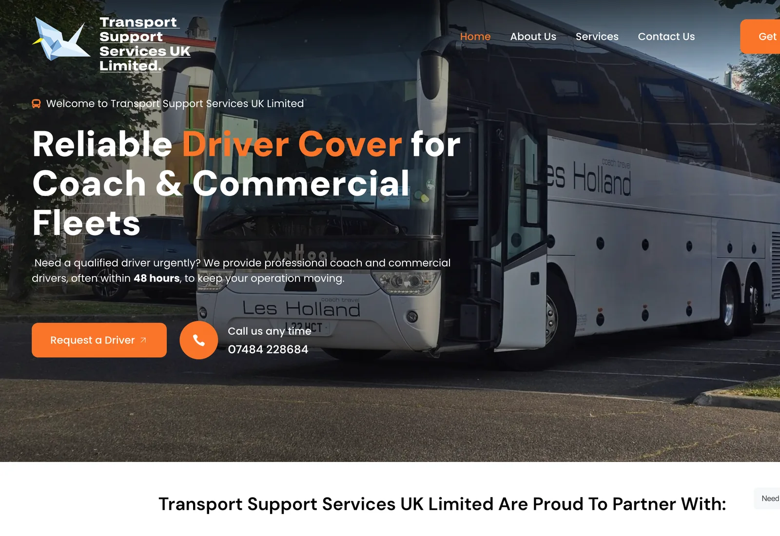The Transport Support Services UK homepage on a desktop browser: the headline “Reliable Driver Cover for Coach & Commercial Fleets” over a photograph of a coach, with a “Request a Driver” button and a telephone number.