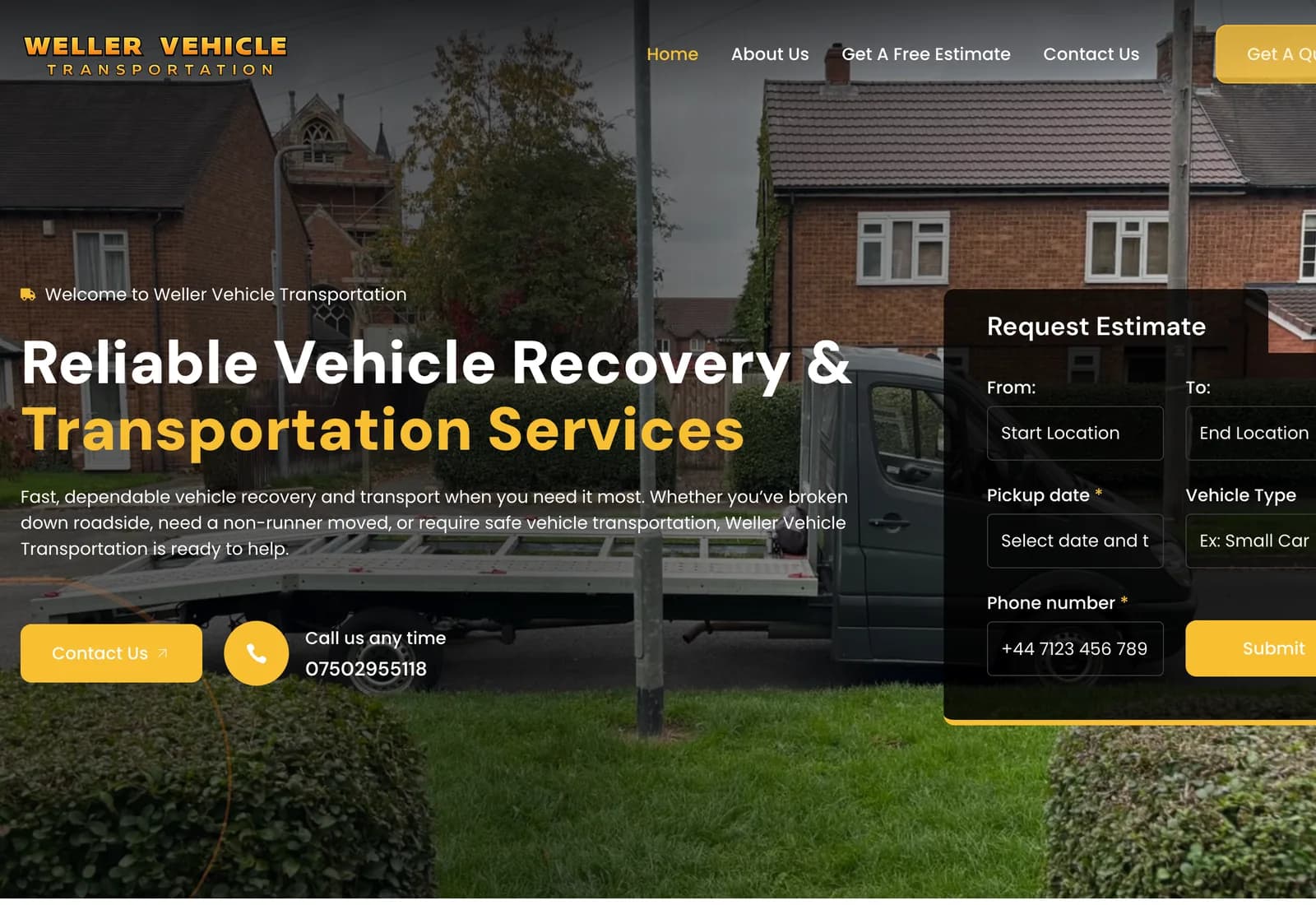 The Weller Vehicle Transportation homepage on a desktop browser: the headline “Reliable Vehicle Recovery & Transportation Services” over a photograph of a recovery van, with a “Request Estimate” form alongside it.